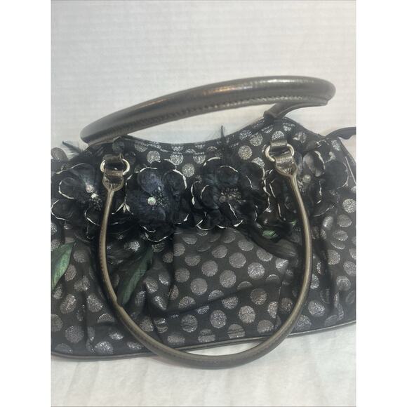 Hananel Black Feathers Flowers Bling Purse Hand Bag Embellished Silver Polka Dot - Picture 10 of 16